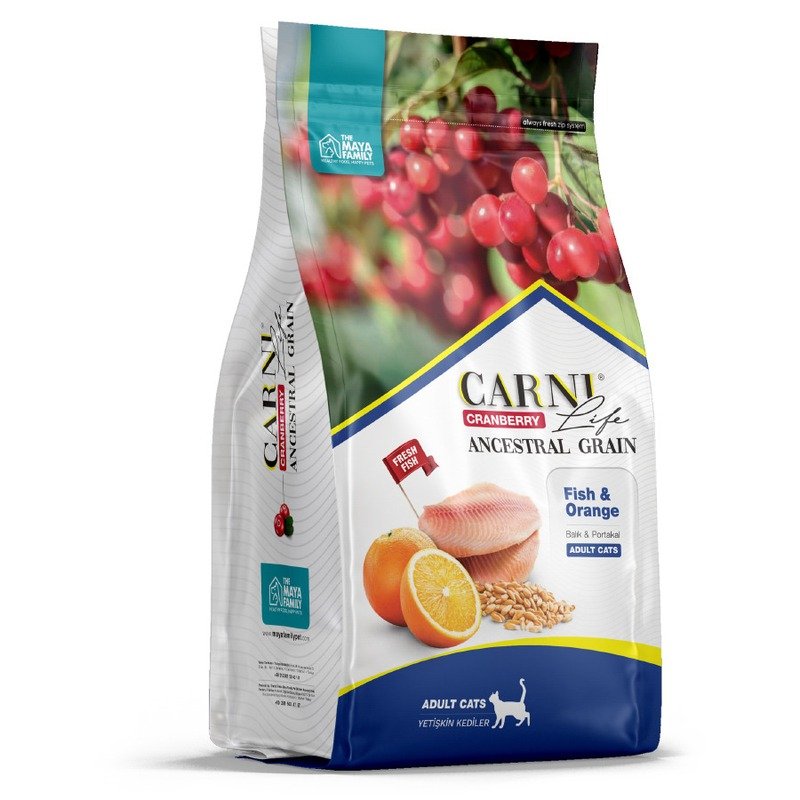 Carni Life Adult полнорационный сухой корм для кошек, низкозерновой, с рыбой, апельсином и клюквой