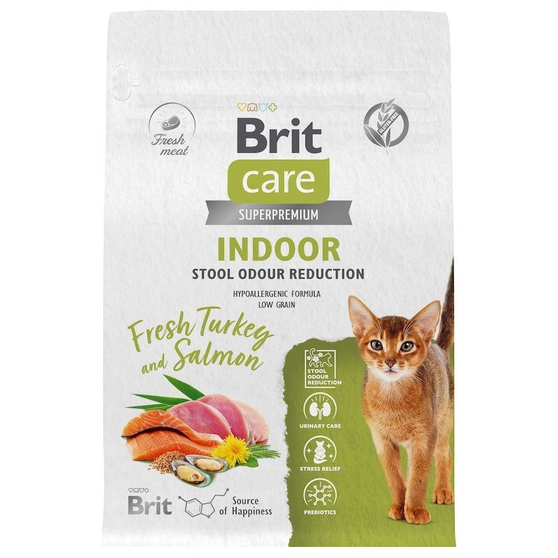 Brit Care Cat Indoor Stool Odour Reduction сухой корм для взрослых кошек домашнего содержания, с индейкой и лососем – 400 г