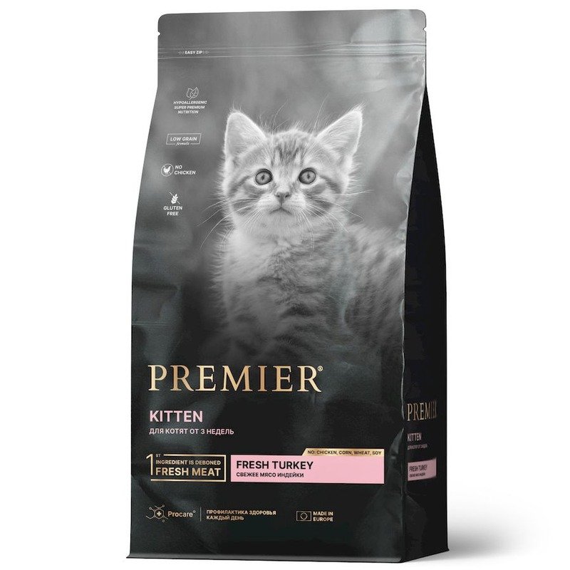 Premier Cat Turkey Kitten сухой корм для котят и кормящих или беременных кошек, свежее мясо индейки – 2 кг