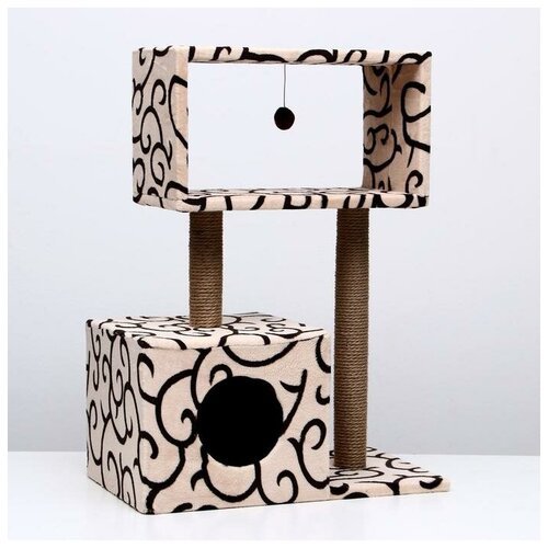 Домик для кошек с когтеточкой “Куб”, с мезонином и игрушкой, 60 х 35 х 85 см, микс цветов