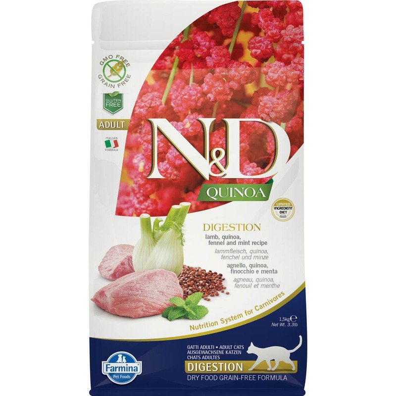 Farmina N&D Quinoa Cat Grain Free Digestion Lamb сухой беззерновой корм для взрослых кошек для поддержки пищеварения с ягненком и киноа – 1,5 кг