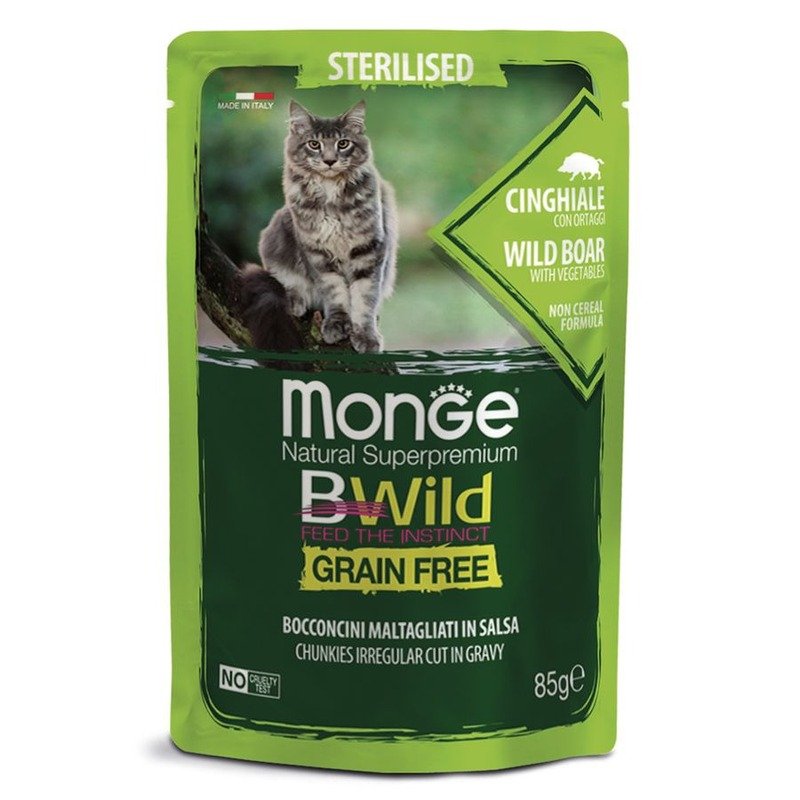 Monge Cat BWild Grain Free полнорационный влажный корм для стерилизованных кошек, беззерновой, с мясом дикого кабана и овощами, кусочки в соусе, в паучах – 85 г