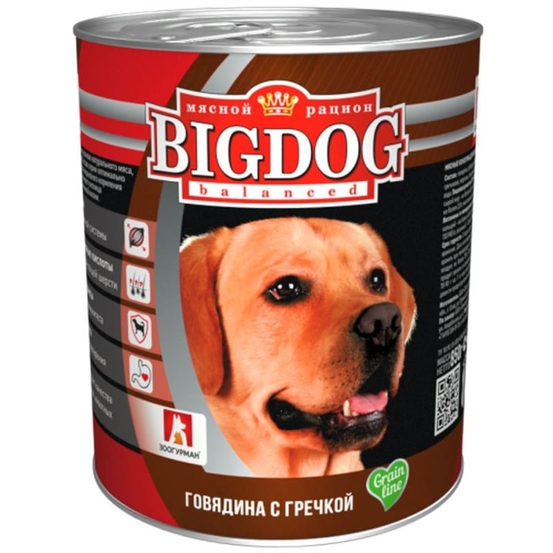 Зоогурман Big Dog Grain Line влажный корм для собак, фарш из говядины с гречкой, в консервах – 850 г