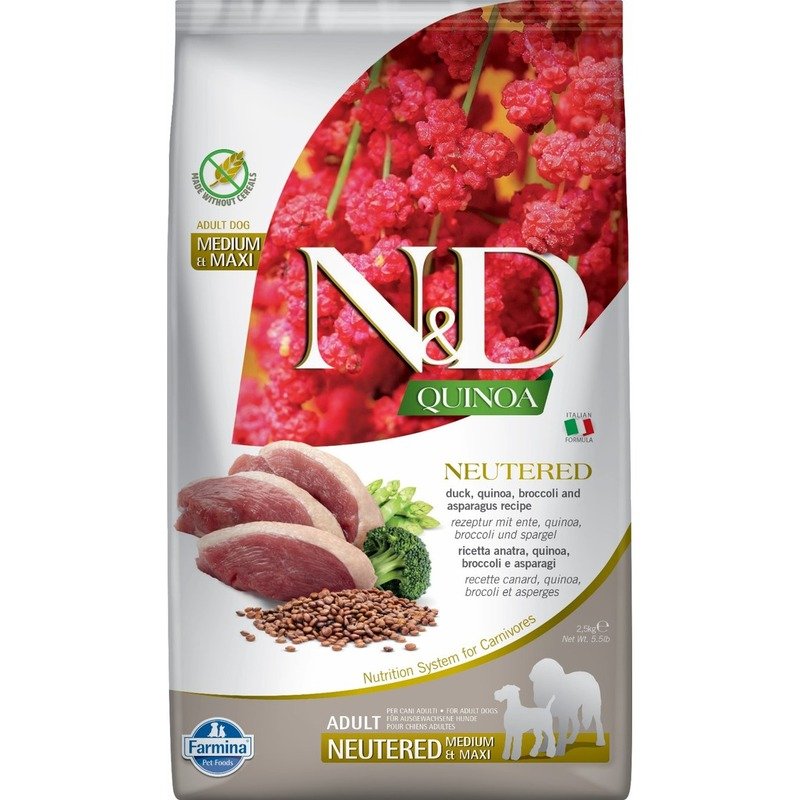 Farmina N&D Quinoa Dog Neutered Medium&Maxi сухой беззерновой корм для стерилизованных собак средних и крупных пород с уткой, киноа, брокколи и спаржей – 2,5 кг