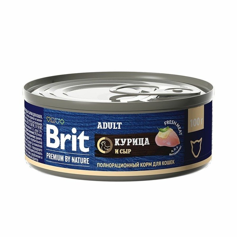 Brit Premium by Nature Adult полнорационный влажный корм для кошек, паштет с курицей и сыром, в консервах – 100 г