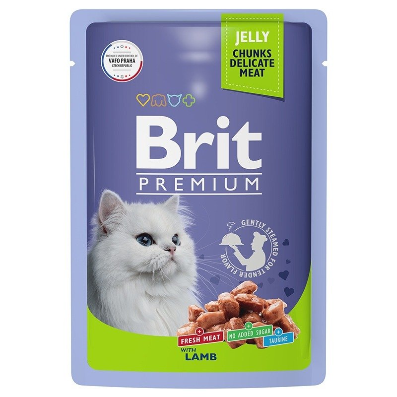 Brit Premium полнорационный влажный корм для кошек, с ягненком, кусочки в желе, в паучах – 85 г