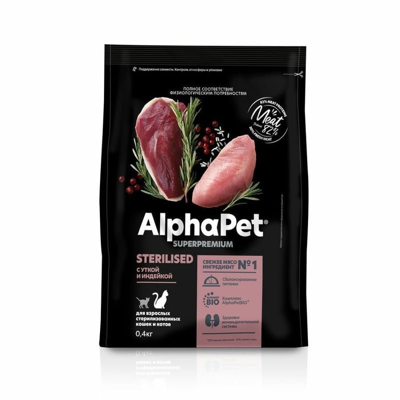 AlphaPet Superpremium сухой полнорационный корм для взрослых стерилизованных кошек и котов с уткой и индейкой – 400 г