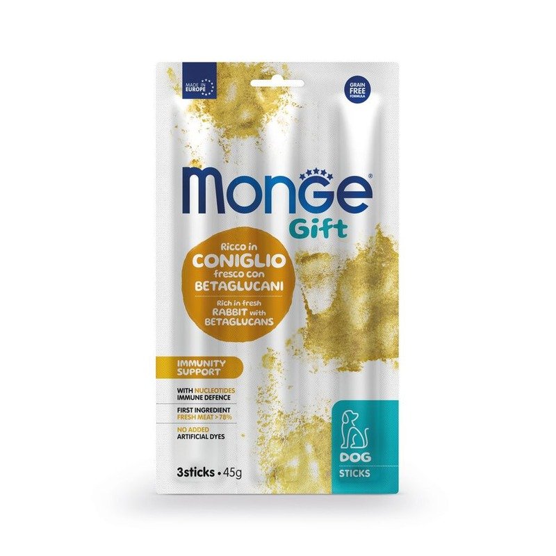 Monge Gift Immunity Support лакомство для собак всех пород Мягкие палочки со свежим кроликом, нуклеотидами и бета-глюканами, для поддержки иммунитета – 45 г