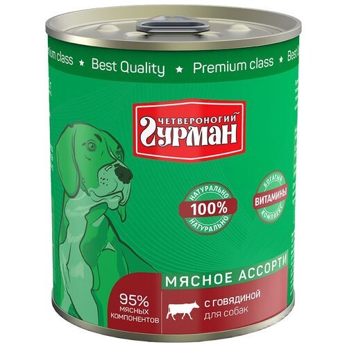 Влажный корм для собак Четвероногий Гурман Мясное ассорти с говядиной, упаковка 6 шт х 340 г