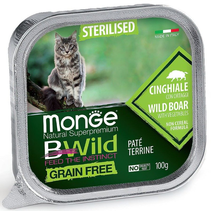 Monge Cat BWild Grain Free полнорационный влажный корм для стерилизованных кошек, беззерновой, паштет с кабаном и овощами, в ламистерах – 100 г