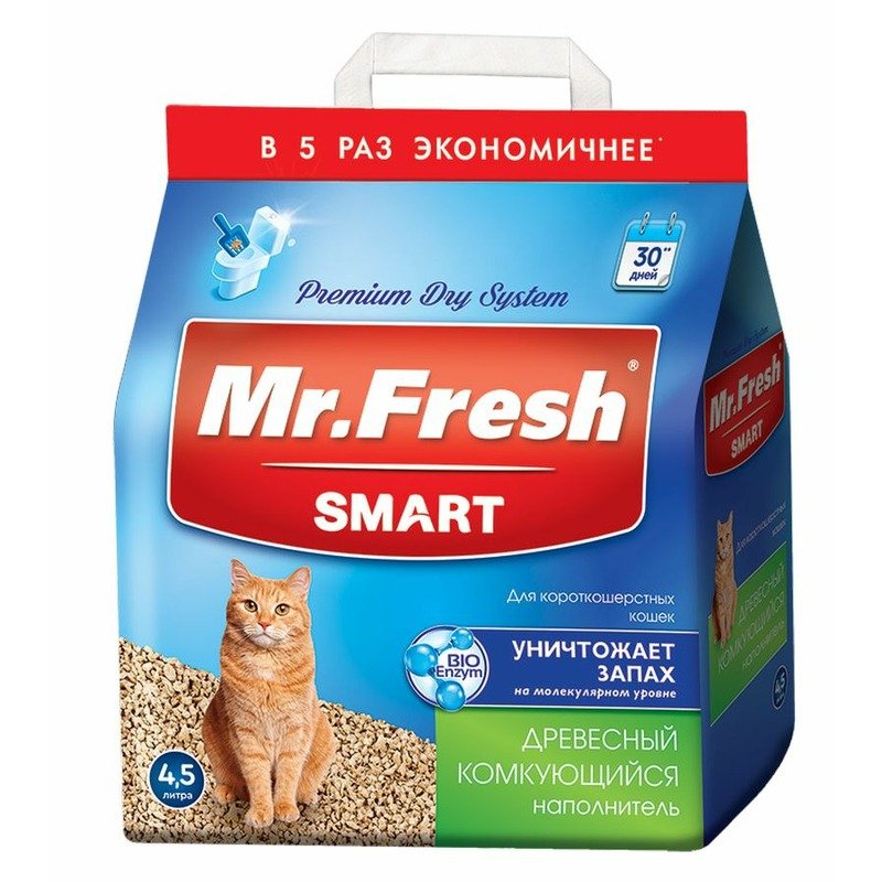 Mr.Fresh Smart древесный комкующийся наполнитель для короткошерстных кошек – 4,5 л (2,1 кг)