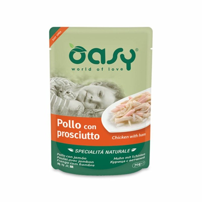 Oasy Wet Cat Specialita Naturali Chicken Ham влажный корм для взрослых кошек, дополнительное питание с курицей и ветчиной, в паучах – 70 г