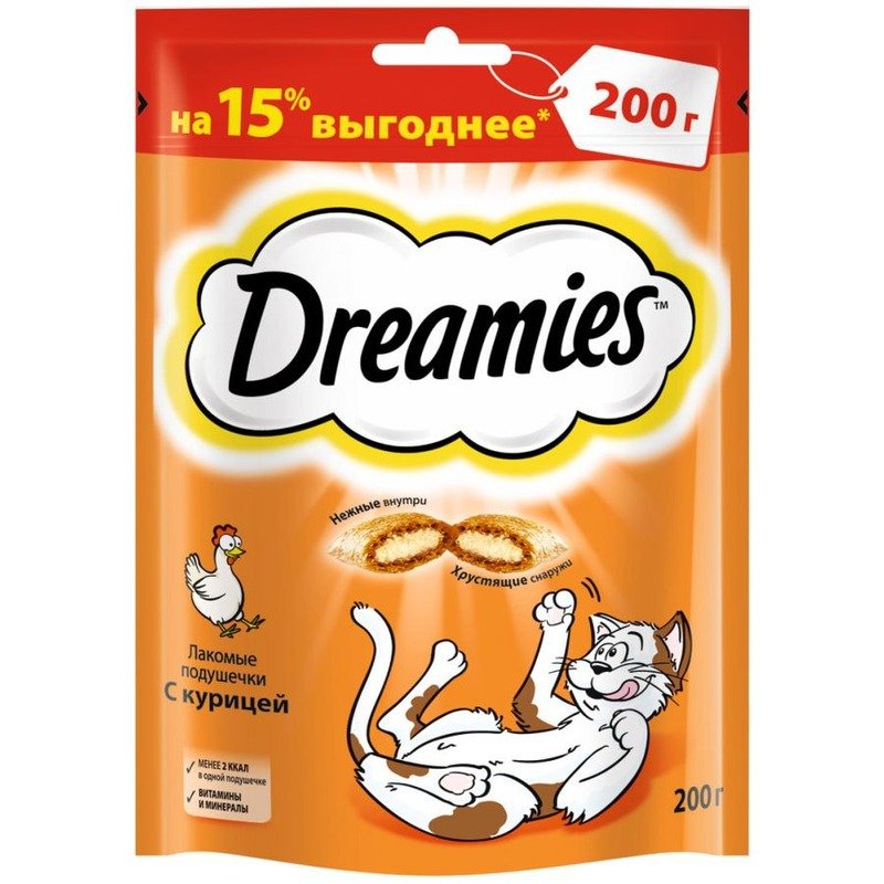 Лакомство Dreamies для взрослых кошек любых пород подушечки скурицей – 200 г