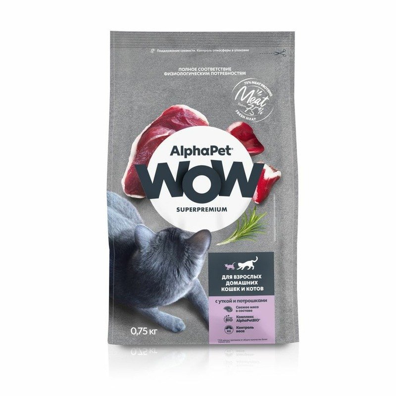 AlphaPet WOW Superpremium сухой полнорационный корм для взрослых домашних кошек и котов с уткой и потрошками – 750 г