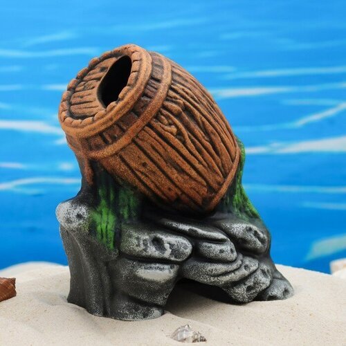 Sima-land Декор для аквариума “Бочка на камнях”, керамический, 13 x 10 x 17 см