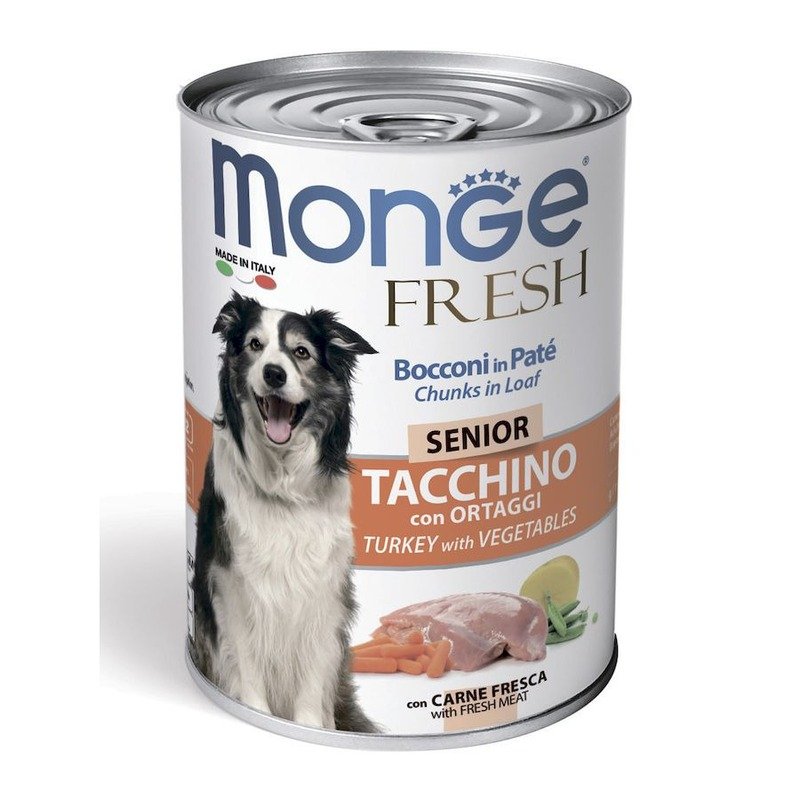 Monge Dog Fresh Chunks in Loaf полнорационный влажный корм для пожилых собак, мясной рулет из индейки и овощей, кусочки в паштете, в консервах – 400 г