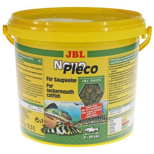 JBL NovoPleco – Основной корм в форме тонущих чипсов для кольчужных сомов, 5,5 л (2900 г)