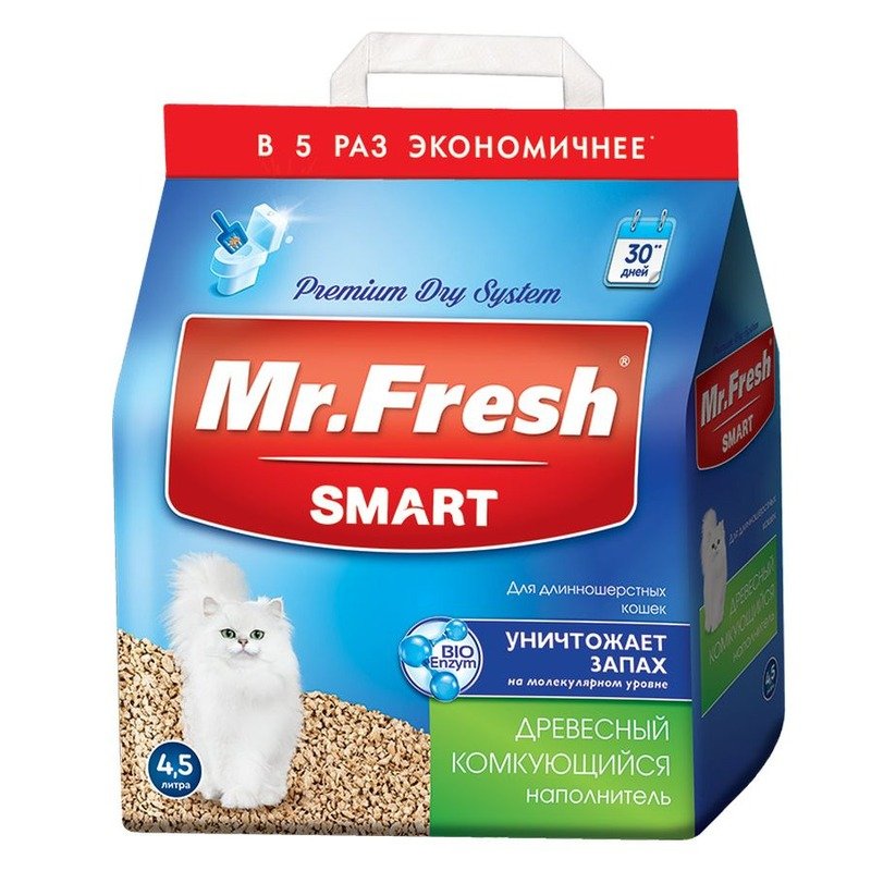 Mr.Fresh Smart древесный комкующийся наполнитель для длинношерстных кошек – 4,5 л (2,2 кг)