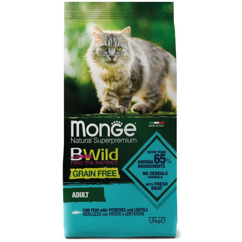 Monge Cat BWild Grain Free полнорационный сухой корм для кошек, беззерновой, с треской, картофелем и чечевицей – 1,5 кг