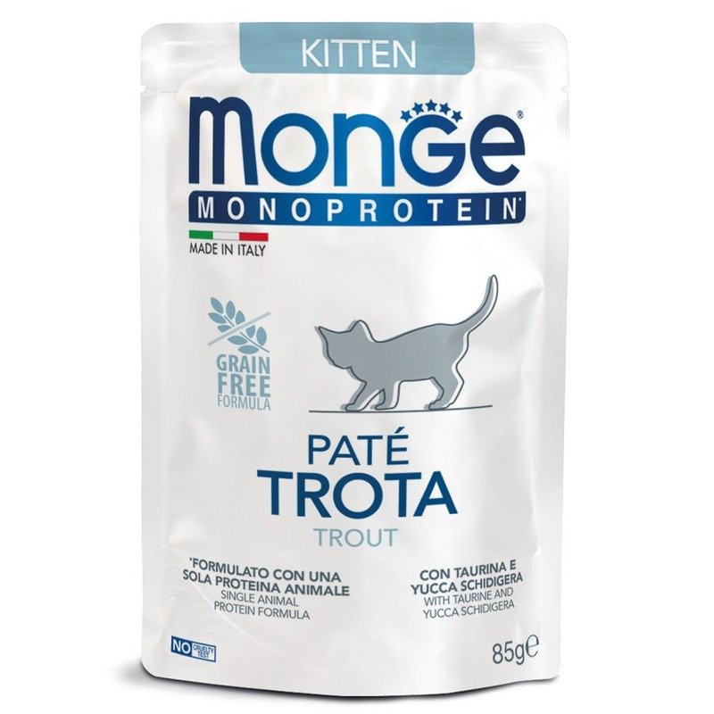 Monge Cat Monoprotein полнорационный влажный корм для котят, паштет с форелью, в паучах – 85 г