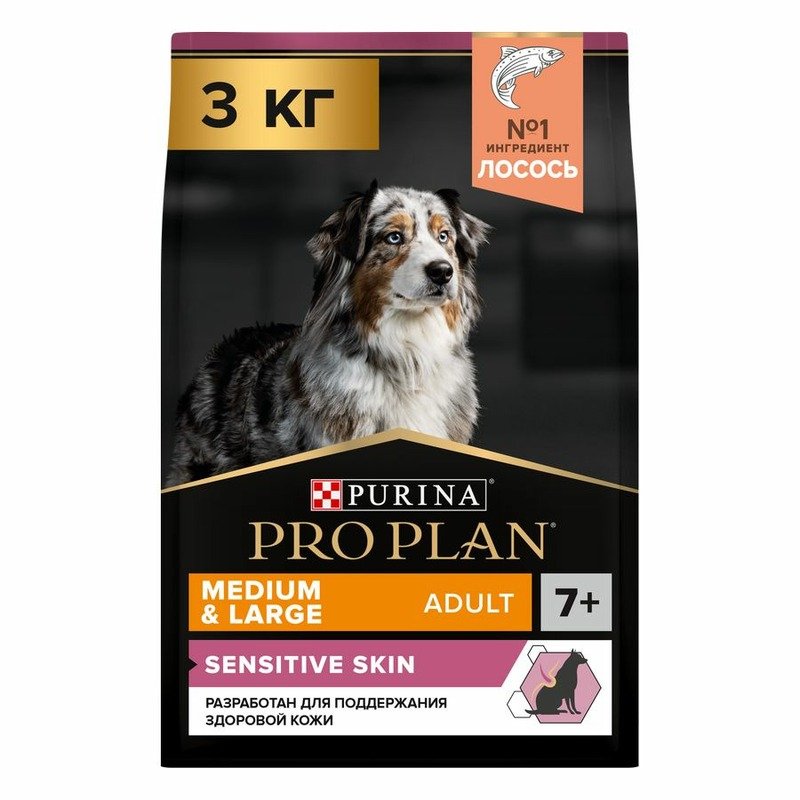 Pro Plan OptiDerma сухой корм для пожилых собак средних и крупных пород, при чувствительной коже, с лососем - 3 кг