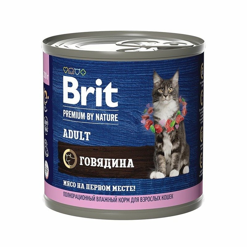 Brit Premium by Nature Adult полнорационный влажный корм для кошек, паштет с говядиной, в консервах – 200 г