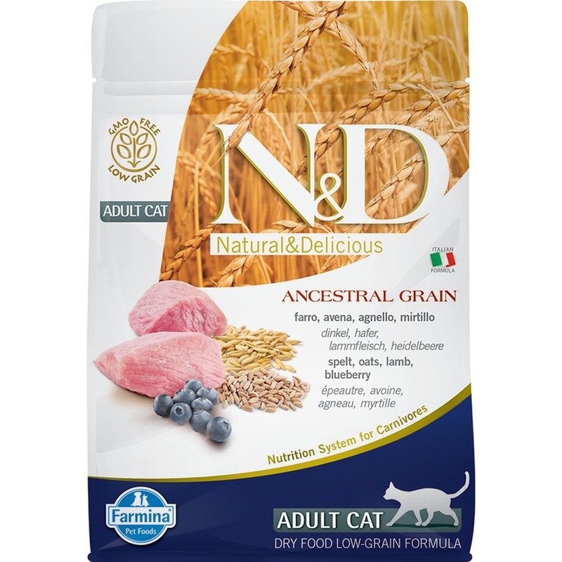 Farmina N&D Ancestral Grain Cat Lamb, Spelt, Oats And Blueberry Adult сухой низкозерновой корм для взрослых кошек с ягненком и черникой – 300 г