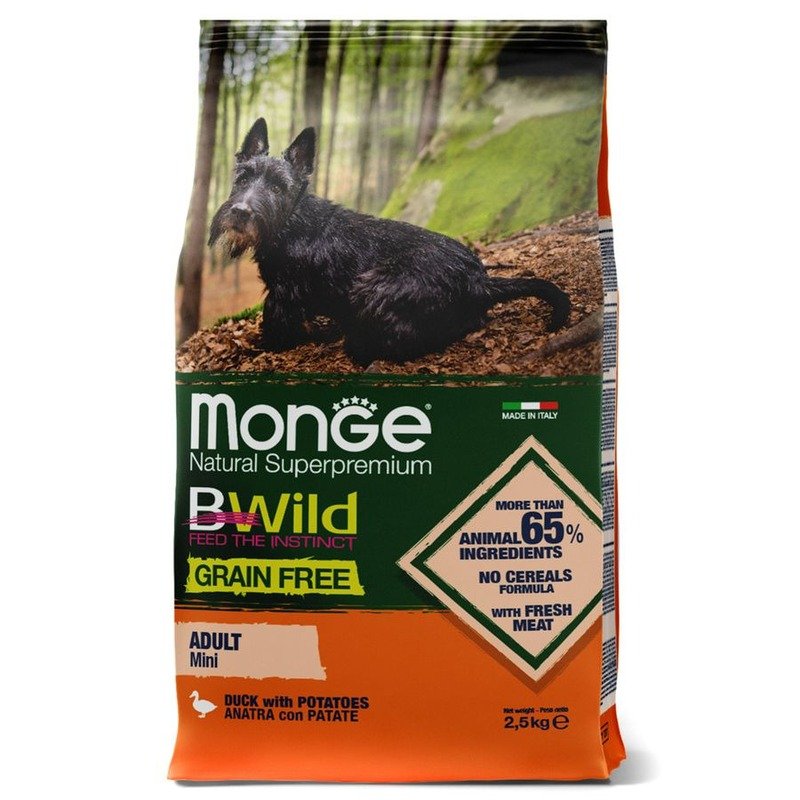 Monge Dog BWild Grain Free Mini полнорационный сухой корм для собак мелких и миниатюрных пород, беззерновой, с уткой и картофелем – 2,5 кг