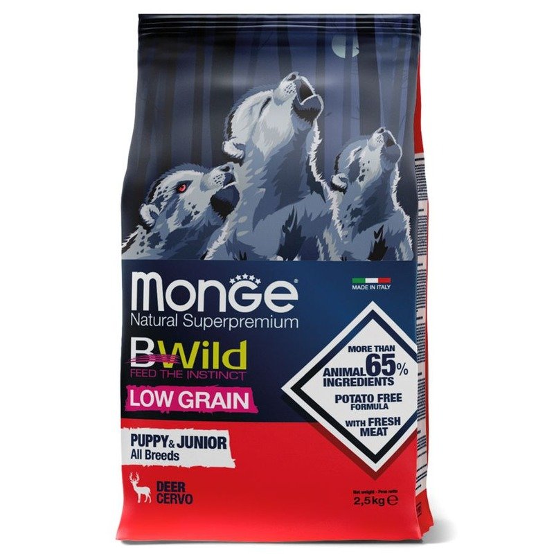 Monge Dog BWild Low Grain Puppy & Juniorполнорационный сухой корм для щенков, низкозерновой, из мяса оленя – 2,5 кг