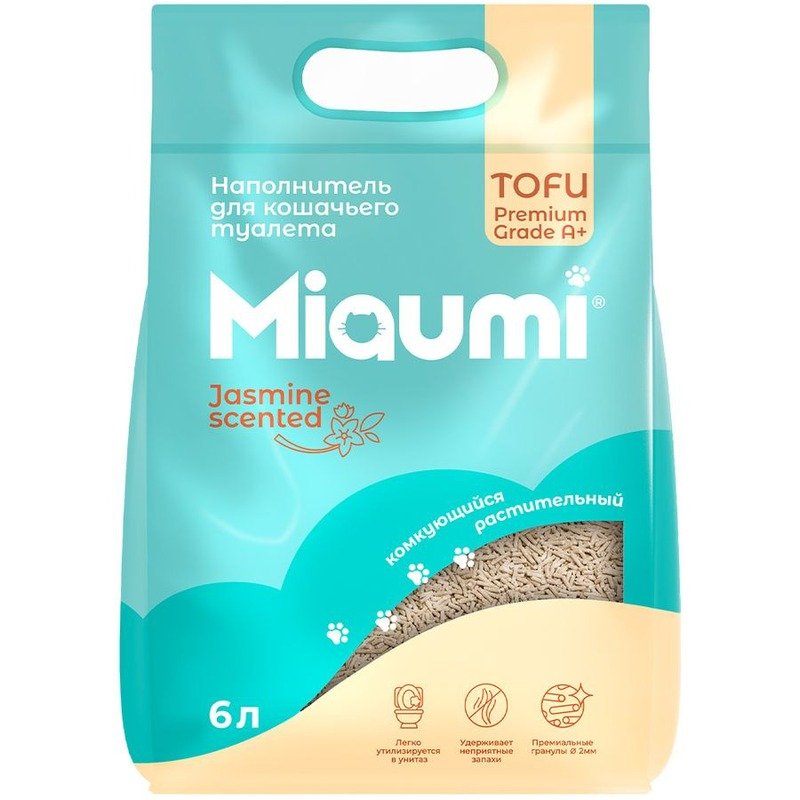 Miaumi Tofu Jasmine Scented комкующийся наполнитель для кошек, с тонким ароматом жасмина – 6 л