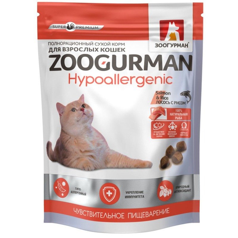 Zoogurman Hypoallergenic сухой корм для кошек, с лососем и рисом – 350 г