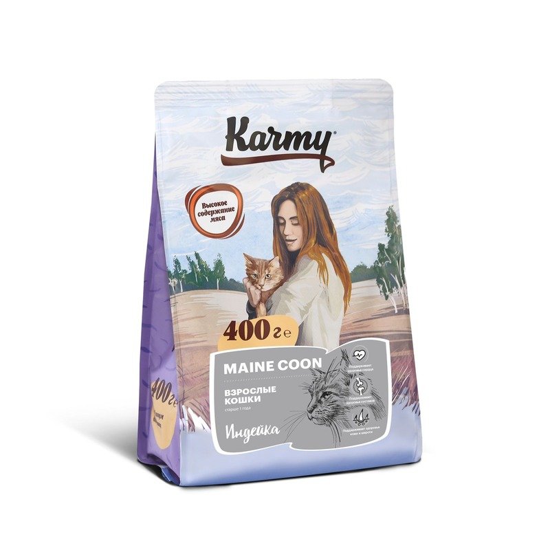 Karmy Maine Coon Adult полнорационный сухой корм для кошек породы мейн кун, с индейкой – 400 г