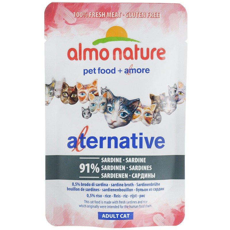 Almo Nature Alternative Adult Cat Sardines влажный корм для кошек с сардинами 91% мяса, кусочки в бульоне, в паучах – 55 г