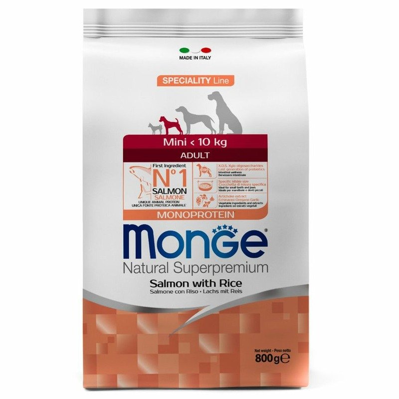 Monge Dog Speciality Line Monoprotein Mini полнорационный сухой корм для собак мелких пород, с лососем и рисом – 800 г