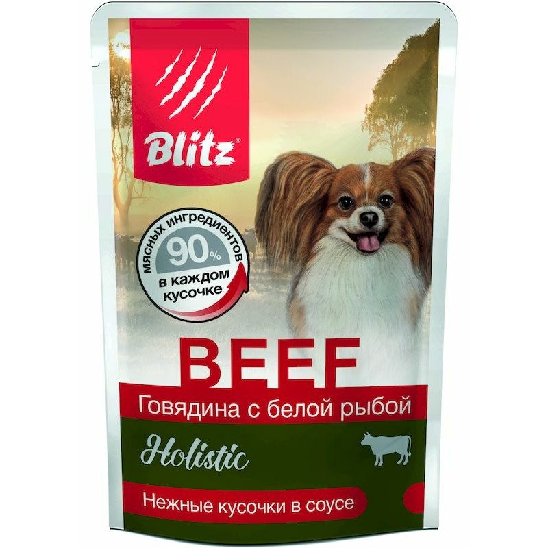 Blitz Holistic Adult Beef & White Fish полнорационный влажный корм для собак мелких пород, с говядиной и белой рыбой, кусочки в соусе, в паучах – 85 г