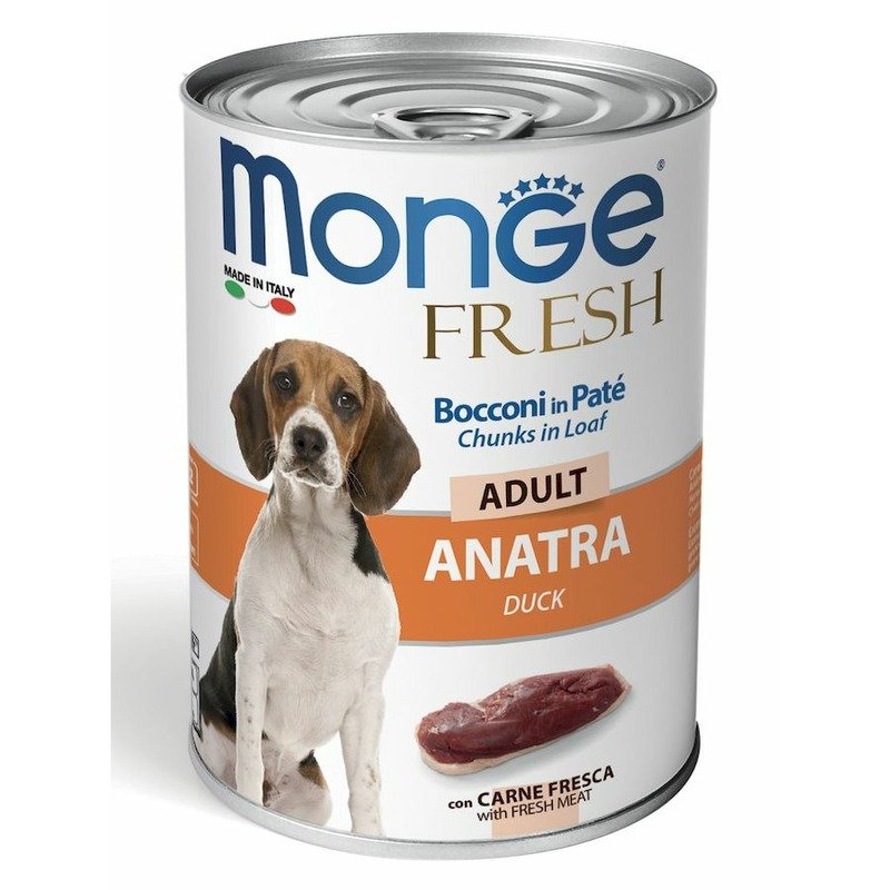 Monge Dog Fresh Chunks in Loaf полнорационный влажный корм для собак, с мясным рулетом из утки, кусочки в паштете, в консервах – 400 г