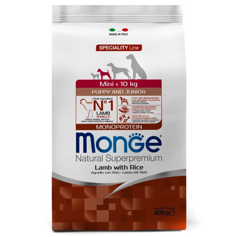 Monge Dog Speciality Line Monoprotein Mini полнорационный сухой корм для щенков мелких пород, с ягненком и рисом – 800 г