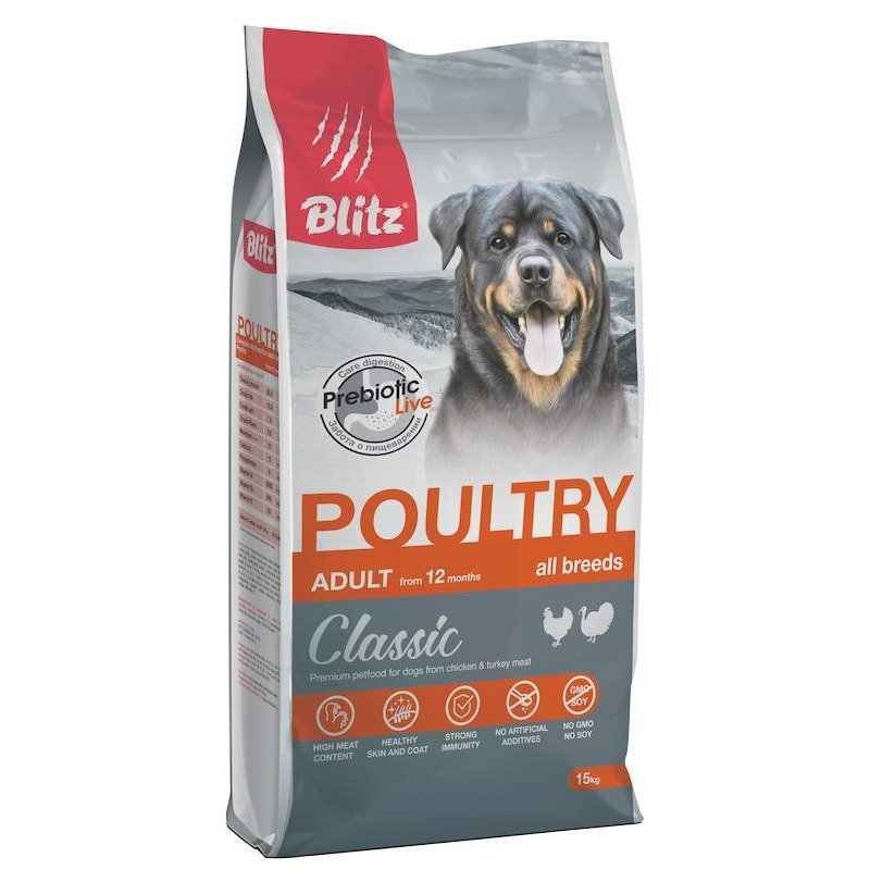 Blitz Classic Adult Dog полнорационный сухой корм для собак, с домашней птицей – 15 кг