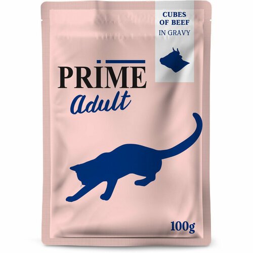 PRIME паучи для взрослых кошек с говядиной, кусочки в бульоне – 100 г х 24 шт