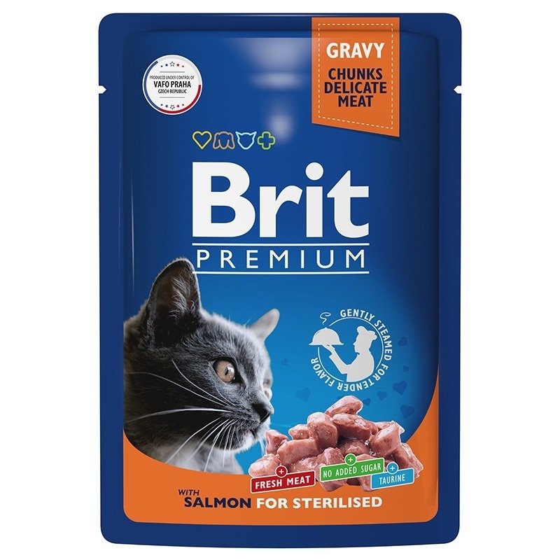 Brit Premium полнорационный влажный корм для стерилизованных кошек, с лососем, кусочки в соусе, в паучах – 85 г