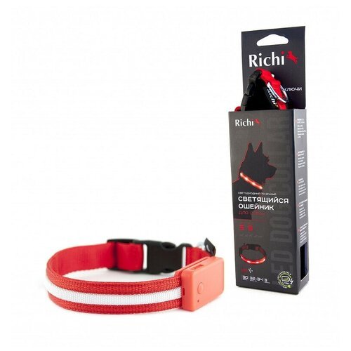 Ошейник RICHI USB 37-40 см (M) красный со светящейся лентой, 3 режима, зарядка от USB