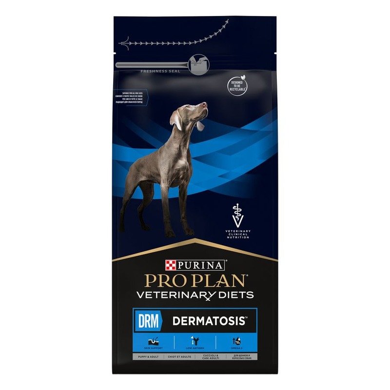 Purina Pro Plan Veterinary Diets DRM Dermatosis сухой корм для щенков и взрослых собак для поддержания здоровья кожи при дерматозах и выпадении шерсти – 1,5 кг