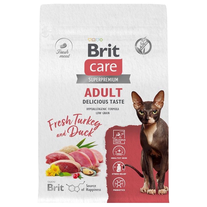 Brit Care Cat Adult Delicious Taste сухой корм для взрослых привередливых кошек, с индейкой и уткой – 400 г