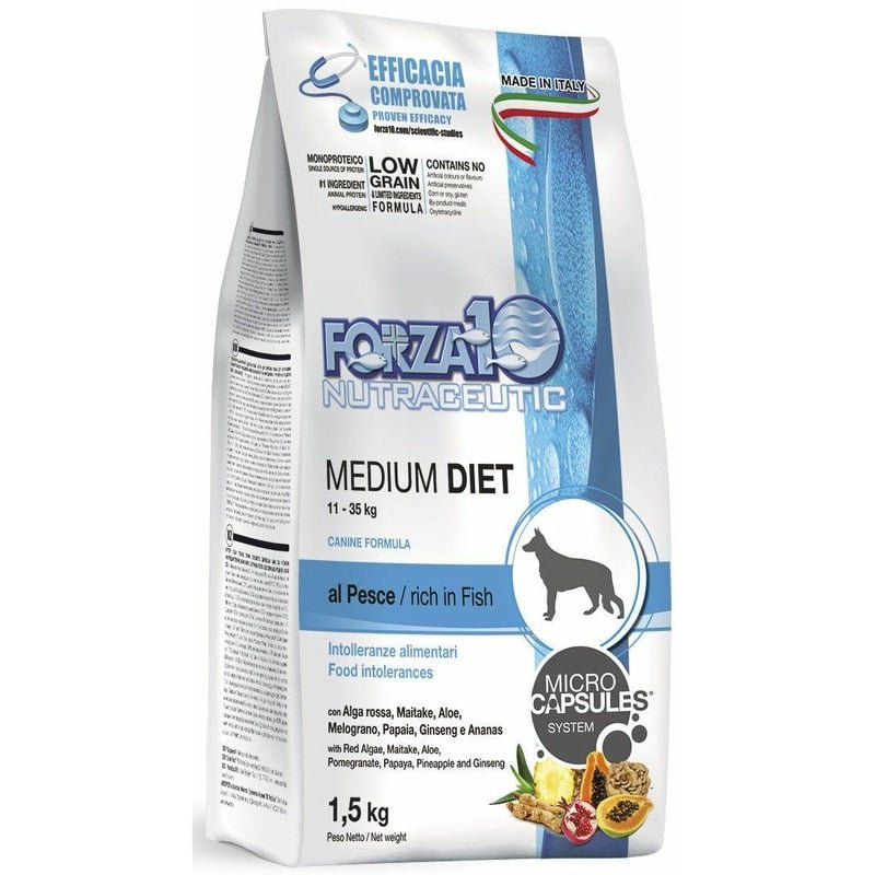 Сухой корм Forza10 Medium Diet для взрослых собак средних пород при аллергии из рыбы с микрокапсулами – 1,5 кг