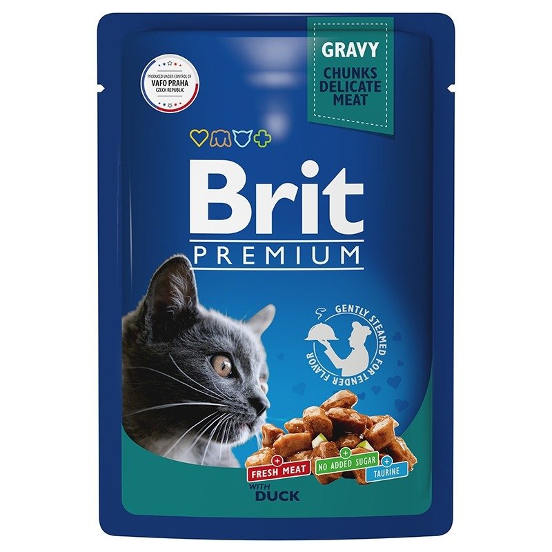 Brit Premium полнорационный влажный корм для кошек, с уткой, кусочки в соусе, в паучах – 85 г